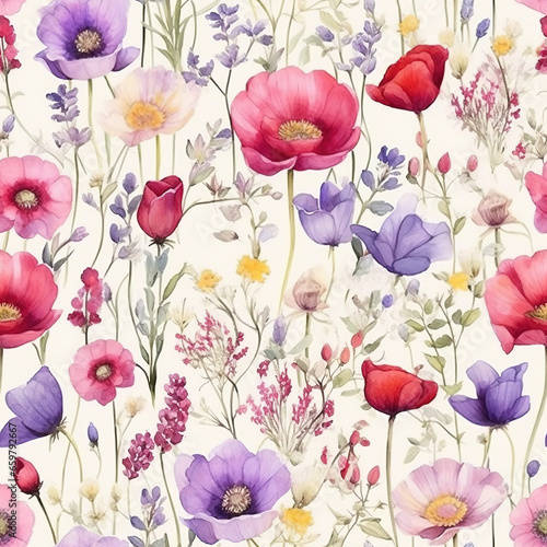 Watercolor Wildflowers Daisie Poppie Digital Paper Seamless Patterns Sublimation Background