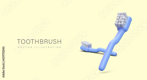 3D blue toothbrushes, kids size. Oral care. Accessory for brushing teeth. Children hygiene. Health care. Vector color commercial concept on light background