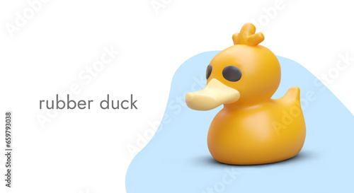 3d rubber duck advertising campaign for store selling toys. Placard with realistic yellow bird and place for text. Vector illustration in blue and yellow colors