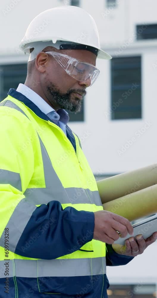 Architecture man, thinking and outdoor with tablet, blueprint design and city planning or building inspection. African construction worker with digital survey and engineering checklist or floor plan Architecture man, thinking and outdoor with tablet, blueprint design and city planning or building inspection. African construction worker with digital survey and engineering checklist or floor plan