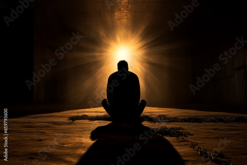 man praying and praising god on background