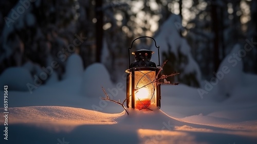 Christmas lantern on snow with holy berries. © VectorLM