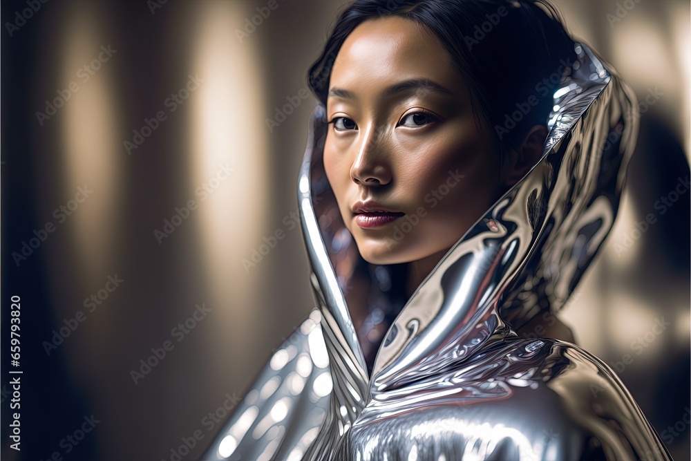 Model Wearing Glossy Silver Clothes. Generative AI, non-existent person. Model Wearing Glossy Silver Clothes. Generative AI, non-existent person.