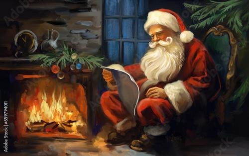 Santa Claus is sitting in an armchair and reading a letter by the fireplace, Christmas greeting card, art illustration painted