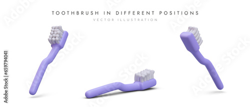 Toothbrush in different positions. 3d realistic poster for dental clinic or store with place for text. Vector illustration with gray background in purple colors