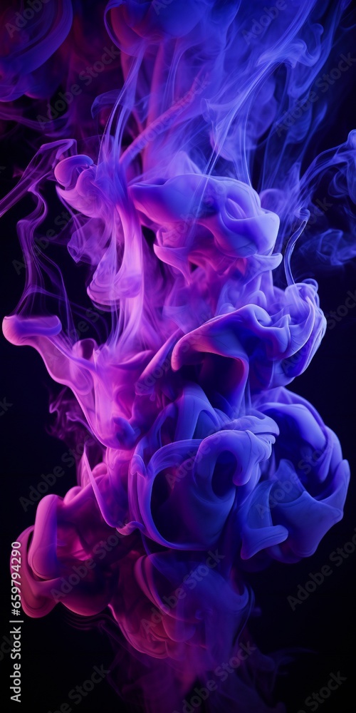 Fototapeta premium Cloudy smoke closeup, evaporates from bottle neck, blue purple and pink colors Generative AI