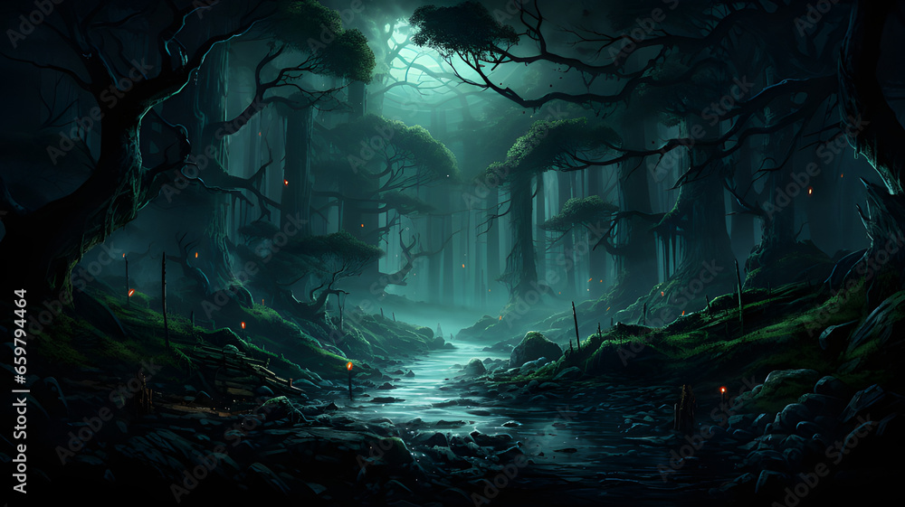 spooky forest at midnight, with eerie, glowing eyes peering out from the darkness.