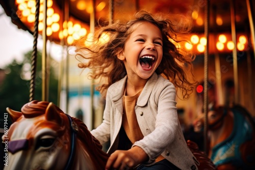 A happy young girl expressing excitement while on a colorful carousel, merry-go-round, having fun at an amusement park, happiness, bright childhood.