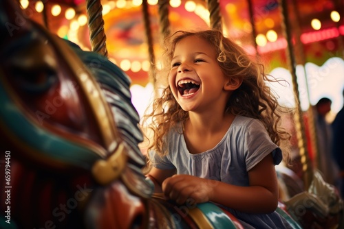 A happy young girl expressing excitement while on a colorful carousel, merry-go-round, having fun at an amusement park, happiness, bright childhood. © radekcho