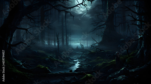 spooky forest at midnight  with eerie  glowing eyes peering out from the darkness.
