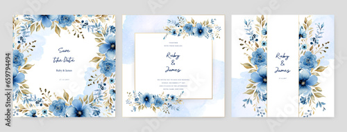 Blue peony luxury wedding invitation with golden line art flower and botanical leaves, shapes, watercolor