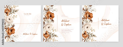 Orange and beige poppy floral wedding invitation card template set with flowers frame decoration