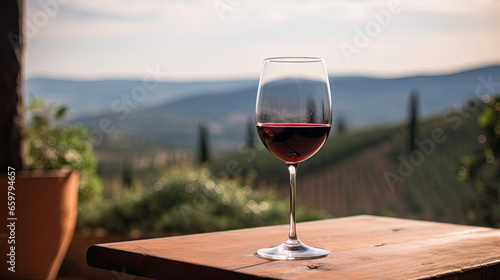 glass of wine on a table, behind a vineyard