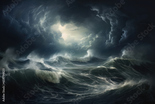 Impressionistic drama Huge wave crashes in ocean's fury. AI Generative wonder enhances the dynamic movement and artistic energy of this tempestuous scene.
