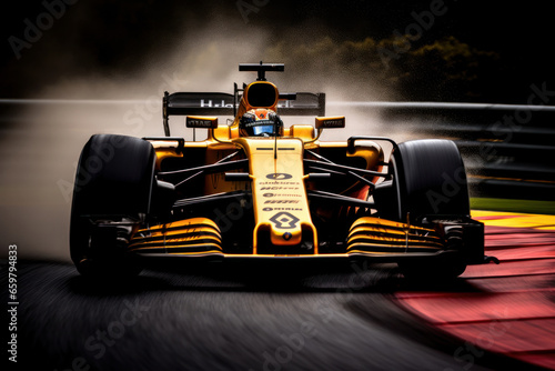 Formula One racer victorious, crossing the finish line with a blurred backdrop. AI Generative brilliance captures the thrill of the high-speed race. © Alisa