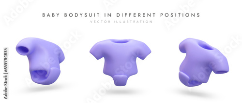 Children purple bodysuit in different positions. Color icons for kid clothing store. Cute romper. Isolated illustration on white background. Web design