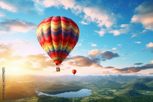 Hot air balloon soars over misty mountain peaks, capturing the serenity and breathtaking beauty of nature. AI Generative adventure awaits!