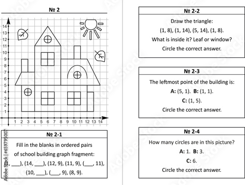 Coordinate plane learning quiz questions set 2. Two-page activity set. Educational math puzzles. No-prep, fun, engaging. Black and white, printable and photocopiable.
 photo