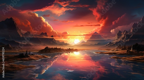 chromatic sunset mirage, digital art illustration, Generative AI photo