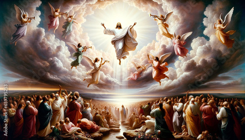 Faith and Glory in Jesus Second Coming: Christ's Majestic Return and Arrival, Surrounded by a Heavenly Host of Angels, assembled for the Final Judgment