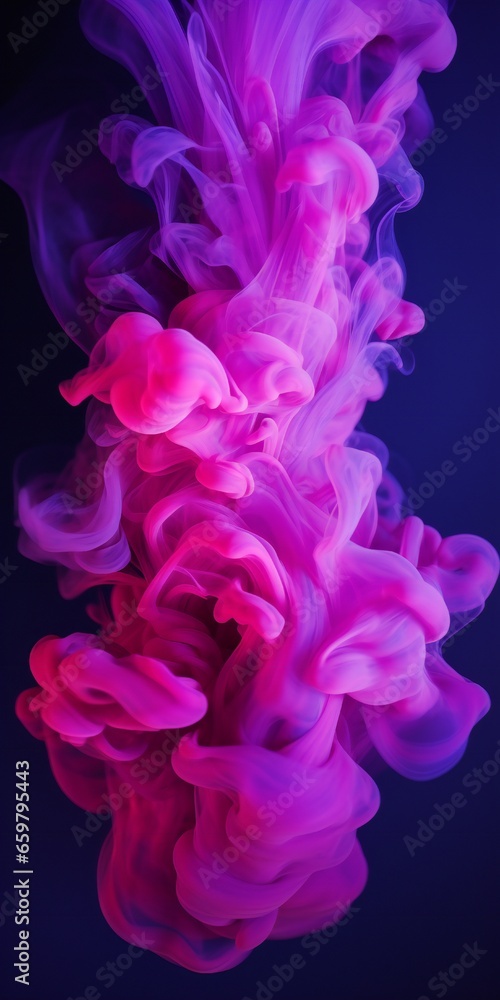 Fototapeta premium Cloudy smoke closeup, evaporates from bottle neck, blue purple and pink colors Generative AI