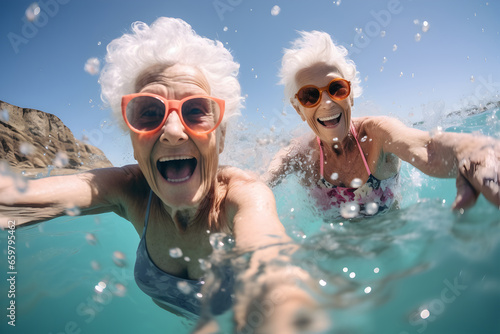 Two cheerful elderly women, both wearing glasses, capture a joyful selfie in crystal-clear blue waters against a backdrop of majestic mountains on a bright, sunny day