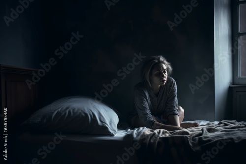 Depressed woman bedroom. Tired people. Generate Ai