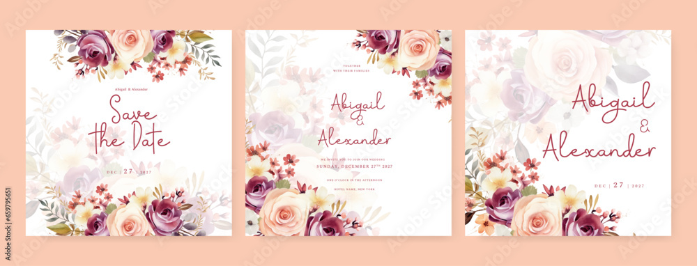 Colorful colourful rose set of wedding invitation template with shapes and flower floral border