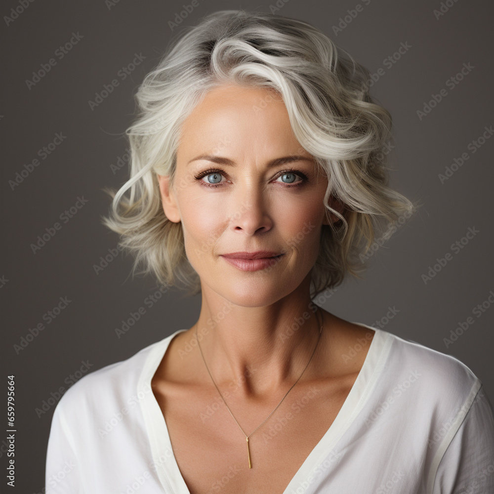 Mature woman looking at camera isolated on white, cosmetology concept, ai technology Mature woman looking at camera isolated on white, cosmetology concept, ai technology