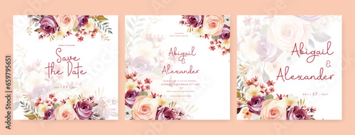 Colorful colourful rose set of wedding invitation template with shapes and flower floral border