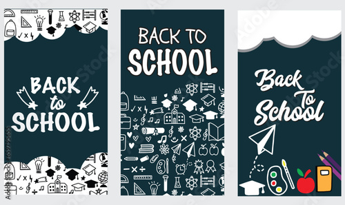 Back to school vector poster set design. Back to school sale text with educational items of bags and notebook elements for educational promo discount collection design. Vector illustration.