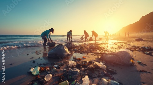 Group of eco volunteers picking up plastic trash on the beach - Ocean pollution, environmental conservation and ecology concept. environmental pollution