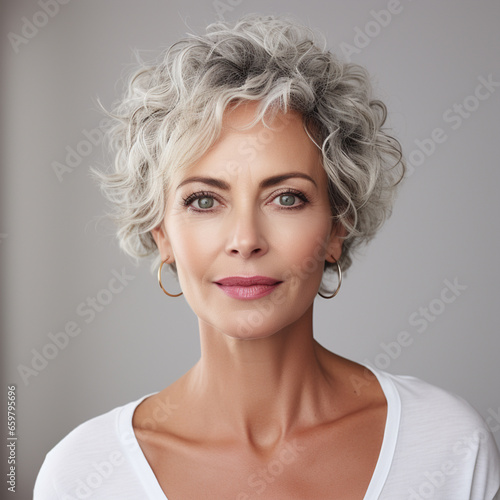 Mature woman looking at camera isolated on white, cosmetology concept, ai technology