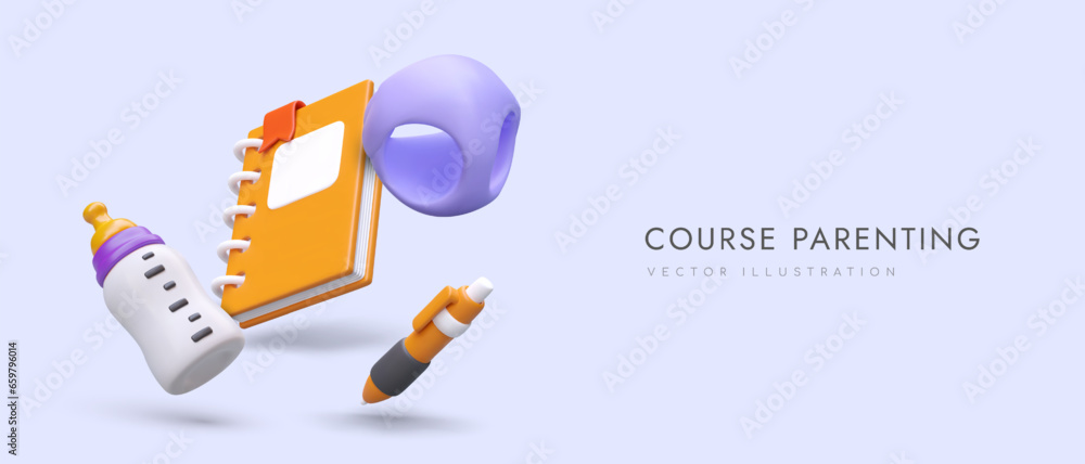 3d realistic notebook, baby bottle, pen and diaper. Online parenting course concept. Preparing for birth of child, children care. Vector illustration with place for text