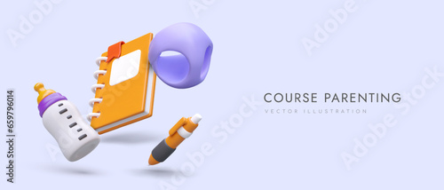 3d realistic notebook, baby bottle, pen and diaper. Online parenting course concept. Preparing for birth of child, children care. Vector illustration with place for text