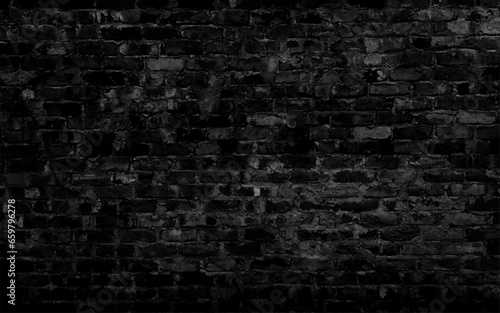 Abstract Black brick wall texture for pattern background. wide panorama picture. Dark black brick walls  brick room  interior texture  wall background.