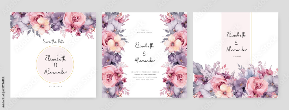 Obraz premium Purple violet and pink rose and peony elegant wedding invitation card template with watercolor floral and leaves