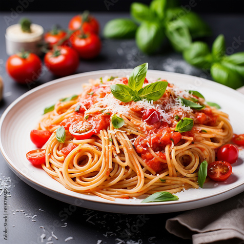 Pasta with tomato sauce on plate on table close-up, ai technology