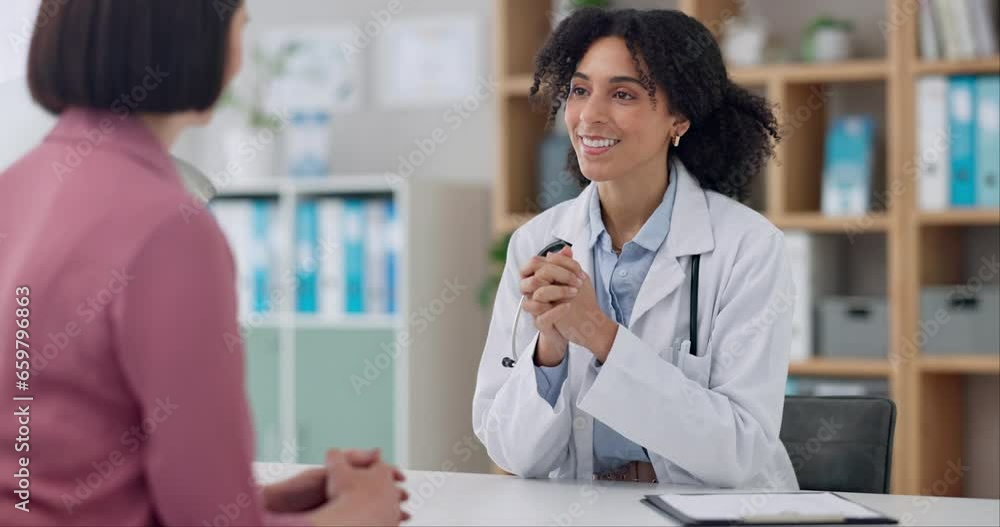 Doctor, woman and consulting in office with communication for healthcare, medical support or wellness. Professional, employee or person with patient for conversation, advice or consultation at clinic Doctor, woman and consulting in office with communication for healthcare, medical support or wellness. Professional, employee or person with patient for conversation, advice or consultation at clinic