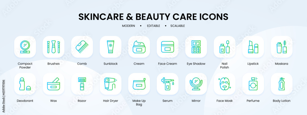 Skincare and beauty care icon collection with blue and green gradient outline style. beauty, cream, care, collection, skin, cosmetic, set. Vector Illustration Skincare and beauty care icon collection with blue and green gradient outline style. beauty, cream, care, collection, skin, cosmetic, set. Vector Illustration