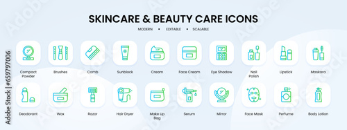 Skincare and beauty care icon collection with blue and green gradient outline style. beauty, cream, care, collection, skin, cosmetic, set. Vector Illustration