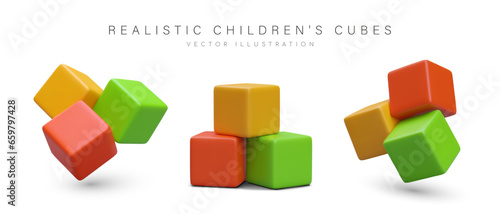 Realistic children cubes in different positions. 3d toys concept. Colorful poster for toy store with place for text. Vector illustration in red, green and yellow colors