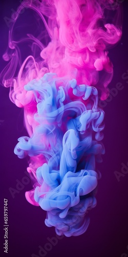 Cloudy smoke closeup, evaporates from bottle neck, blue purple and pink colors Generative AI