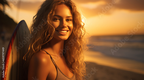 Smiling Surfer Girl with Board at Sunset Lighting © The