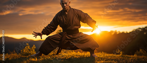 Shaolin Warrior Monk Practicing Kung Fu Outside photo