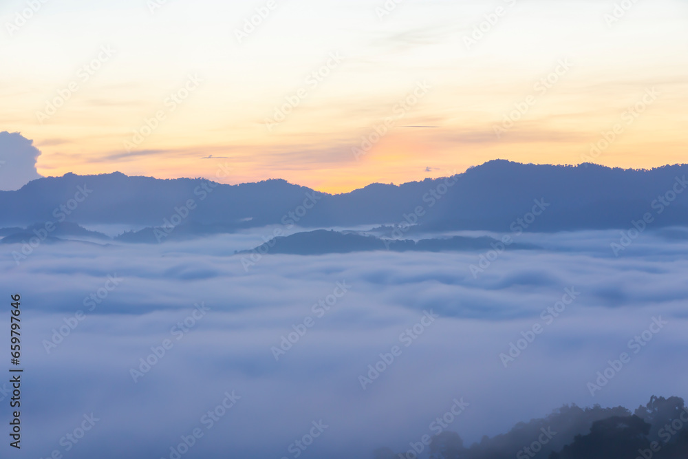 Khao Khai Nui, Sea of fog in the winter mornings at sunrise, New landmark to see beautiful scenery, Thailand.