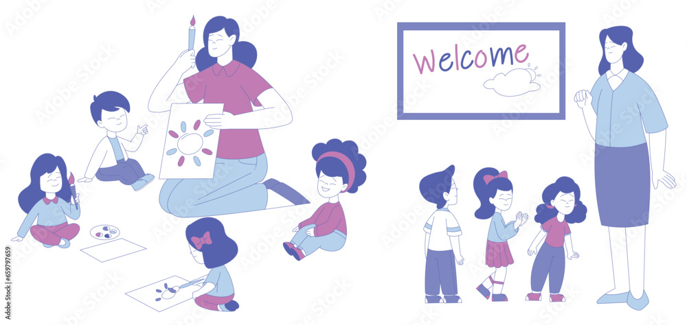 Woman Teacher and Children Having Lesson Painting and Walking Together Vector Set Woman Teacher and Children Having Lesson Painting and Walking Together Vector Set
