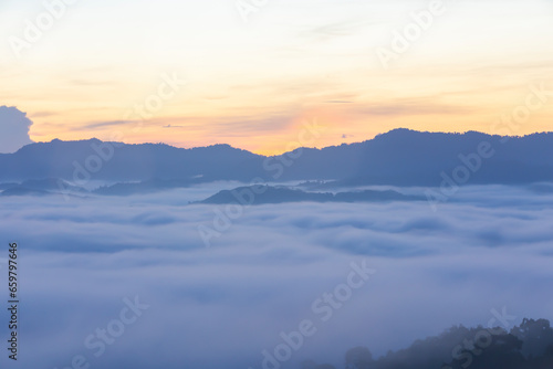 Khao Khai Nui, Sea of fog in the winter mornings at sunrise, New landmark to see beautiful scenery, Thailand.