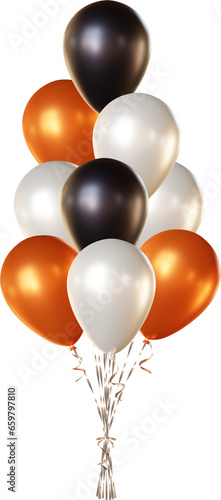 Balloon bouquet in black, orange and white colors. Bunch of realistic balloons for Halloween (31 October).