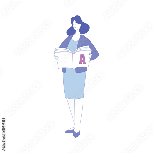 Woman School Teacher or Educator Standing with Open Book Vector Illustration